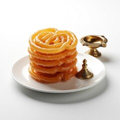 Naklejka premium Stack of orange jalebi sweets on white plate with traditional brass diya lamp. Crispy fried dessert with syrup sits next to gold oil lamp. Festive Indian food for Diwali Eid celebration on clean