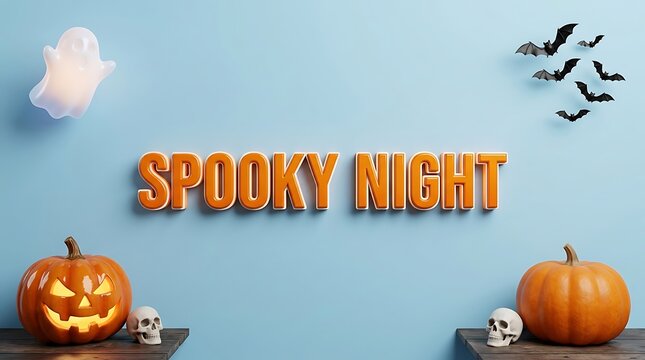 Festive halloween night display with illuminated pumpkins bats and a glowing spooky night sign on a blue wall