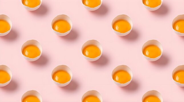 Creative repeating pattern of sunny side up fried eggs on a soft pastel background, ideal for food concepts, breakfast themes, wallpapers, menus, and playful design.