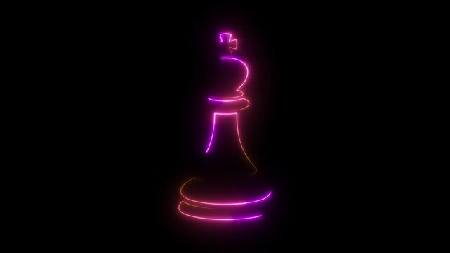 Glowing neon chess king pieces isolated on black background for business strategy and leadership concepts