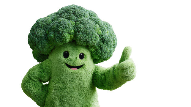 Smiling broccoli mascot character giving thumbs up isolated cutout for healthy eating concept