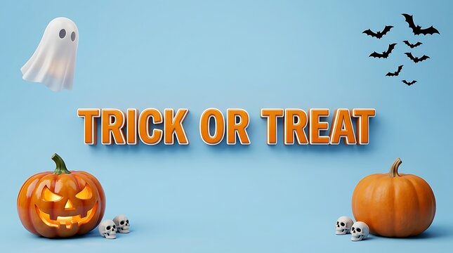 Festive halloween scene with pumpkins a ghost bats and a bright trick or treat message on a blue background