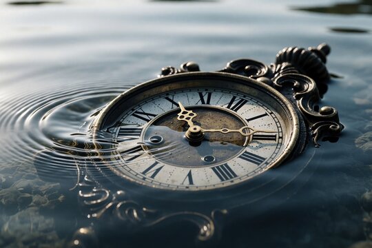 Antique vintage clock lies submerged in calm water. Old metal timepiece with roman numerals sits under liquid surface with soft ripples. Concept of lost time, nostalgia, passing moments in nature.