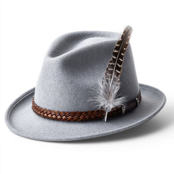 Gray felt alpine hat with braided leather band and decorative feather isolated on transparent background