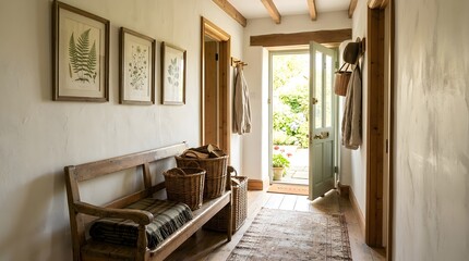 Obraz premium Cozy Rustic Hallway with Vintage Bench and Garden View