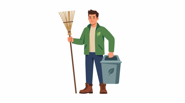 Environmentally conscious man with rake and bin