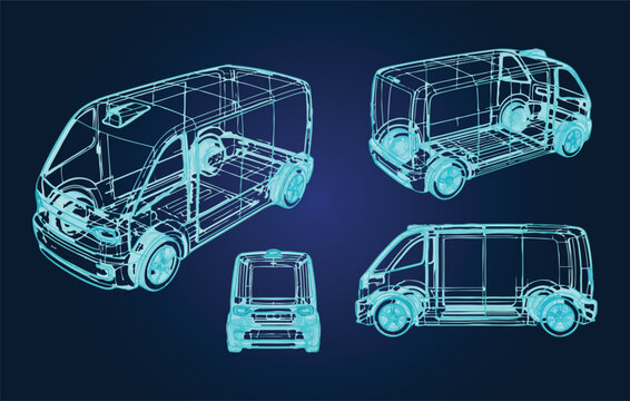 Polygonal wireframe delivery van commercial transport vehicle blueprint vector illustration on a dark blue background