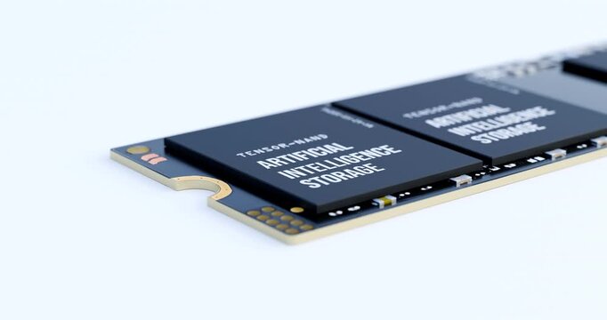 Extreme close up macro camera view of artificial intelligence storage solid state drive microchip with shallow depth of field on clean white background