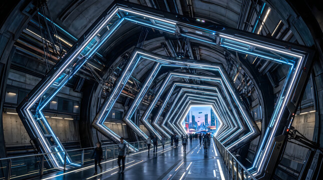 Futuristic Hexagonal Tunnel with Glowing Blue Geometric Lights