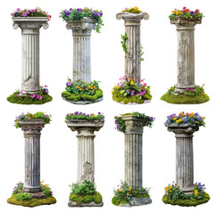 Naklejka premium PNG Ancient columns adorned with flowers on transparent background