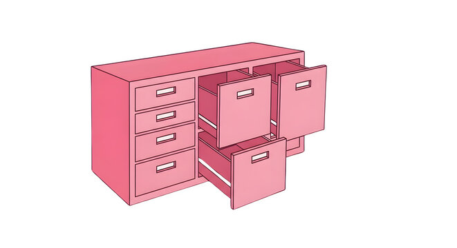 Pink office filing cabinet with pull out storage drawers isolated on a transparent background
