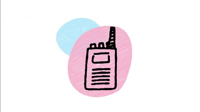 An animated hand-drawn medical red cross on a police walkie-talkie radio device. Ideal for law enforcement communication, emergency response coordination, and public safety tech demos.