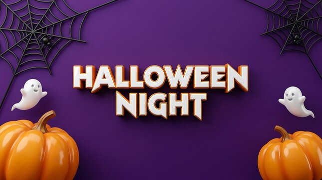 Spooky halloween night design featuring pumpkins ghosts and cobwebs on a dark purple background for festive celebrations