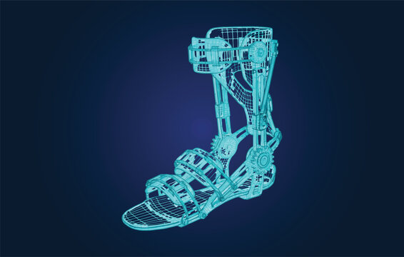 Polygonal wireframe robotic ankle foot orthosis exoskeleton brace vector illustration on a dark blue background