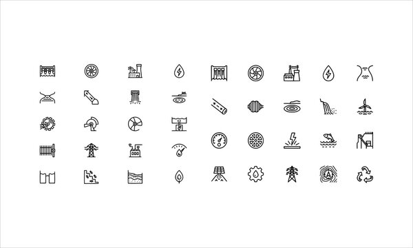 Set outline icons related to hydropower. Linear icon collection. Editable stroke. Vector illustration