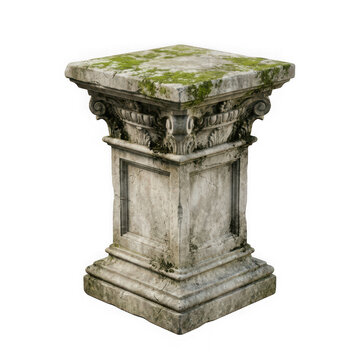 Ancient stone pedestal or column base with moss texture isolated on transparent background