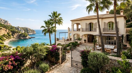 Fototapeta premium Luxury Mediterranean Villa Estate Overlooking Scenic Bay