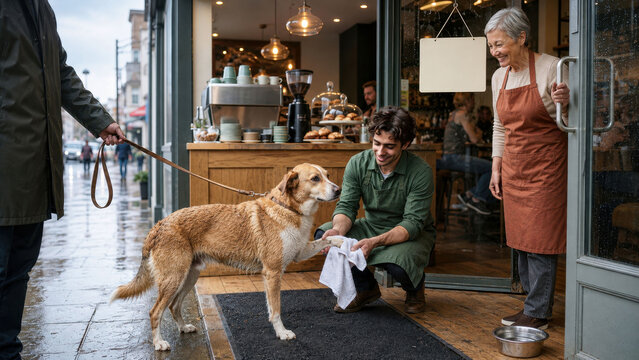 Pet Friendly Cafe Staff Drying Wet Dog&rsquo;s Paw on Rainy Day