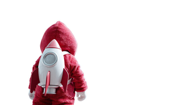 Child in red hoodie wearing toy rocket backpack looking up at modern skyscraper and blue sky