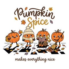 Fototapeta premium Cute Autumn Pumpkin Characters Enjoying Fall Activities with Pumpkin Spice