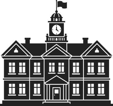 Minimalist School Building Silhouette Vector Icon Featuring Classic Academy Architecture Courthouse Government House Structure with Clock Bell Tower and Flag for Education Graphic Designs