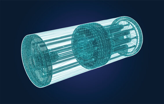 Polygonal wireframe hyperloop high-speed transit capsule vacuum tube train vector illustration on a dark blue background