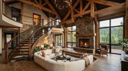 Fototapeta premium Cozy Mountain Living Room with Grand Staircase and Fireplace