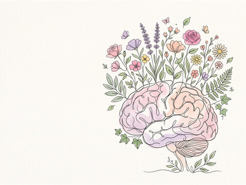 Floral Brain with Blooming Flowers Symbolizing Mental Wellness