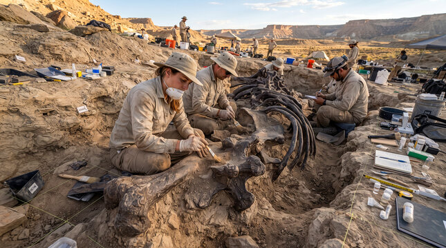 Paleont&oacute;logos desentierran cuidadosamente f&oacute;siles de dinosaurios en una excavaci&oacute;n cient&iacute;fica, revelando huesos prehist&oacute;ricos entre capas de tierra en un paisaje &aacute;rido.