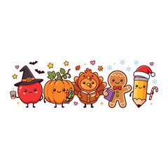 Fototapeta premium Cute Thanksgiving and Christmas Character Collection with Pumpkin, Turkey, Gingerbread and Pencil