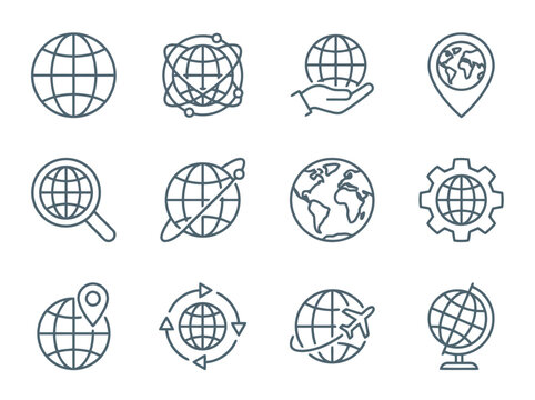 Creative Vector Globe Icons with Magnifying Glass and Arrows for Search and Navigation Design