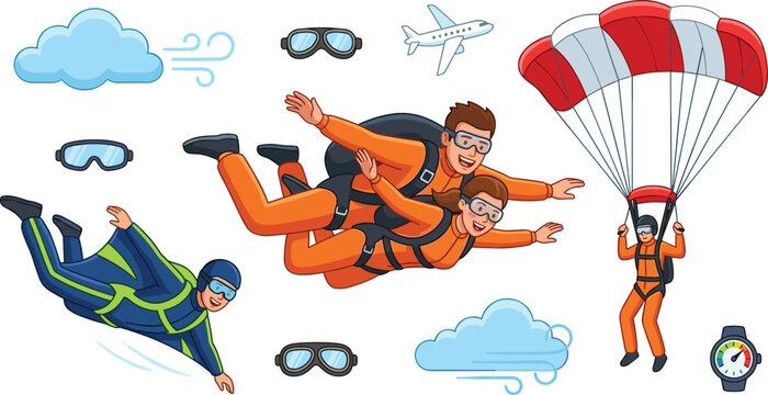 Skydiving and Parachuting Extreme Sport Vector Character Set Featuring Tandem Skydivers Freefalling Flying in Wingsuit and Landing with Parachute