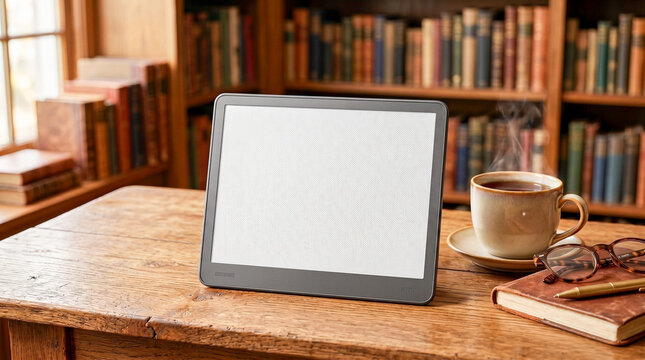 Blank E-Reader Tablet Mockup on Wooden Desk with Coffee and Glasses in Cozy Library
