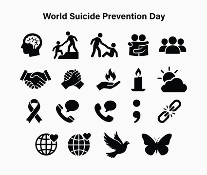 World suicide prevention day icon set with mental health support helping hands semicolon ribbon and hope symbols on white background.