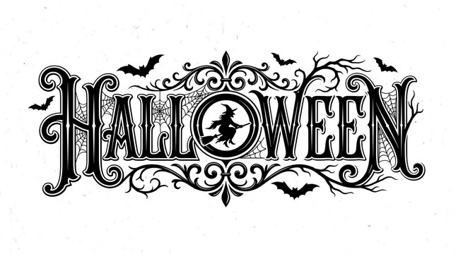 Vintage Halloween typography with ornate gothic lettering. Spooky Victorian style title with bats and witch silhouette. Decorative black ink header.