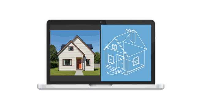 Architectural House Design Software on Laptop Screen Showing Real Estate Photo and Blue Blueprint Drawing