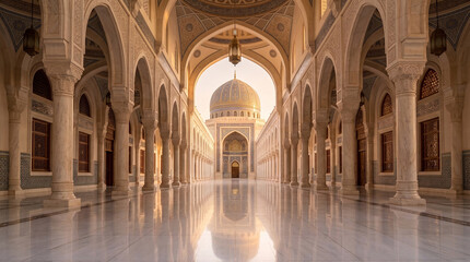 Naklejka premium Stunning symmetrical view of grand white mosque courtyard at golden hour sunset, rows of arched colonnades with ornate floral columns and capitals, 
