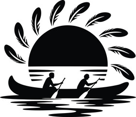 Two individuals paddling a canoe across water with a decorative feathered sun in the stylized sky © AKTARINA