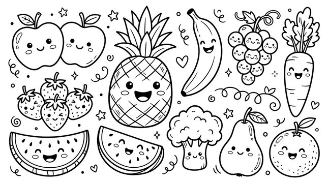 Kawaii fruit coloring page, cute vegetable doodle set with happy faces. Hand drawn black and white cartoon food illustrations for kids.