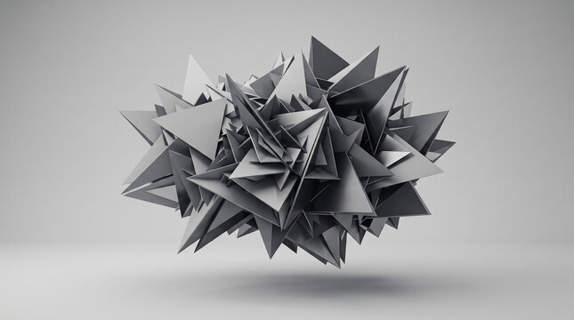 Abstract geometric 3d shape with sharp triangular spikes and metallic texture floating in a minimalist studio environment