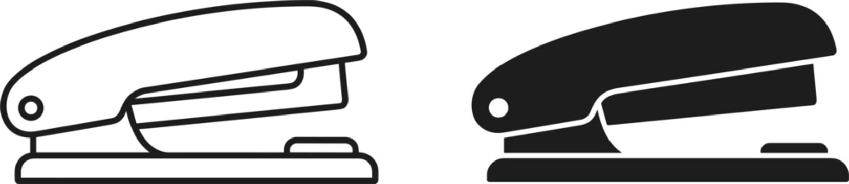 Classic office stapler vector icon presented in thin outline linear and solid black silhouette graphic style variants