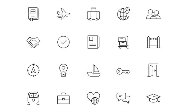 Set outline icons related to immigration. Linear icon collection. Editable stroke. Vector illustration