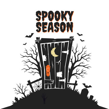 Spooky Season Haunted Door on Hill Illustration