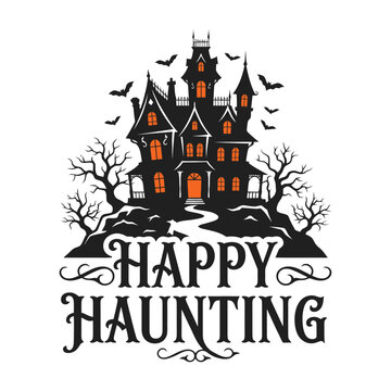 Haunted House with Bats and Bare Trees Illustration