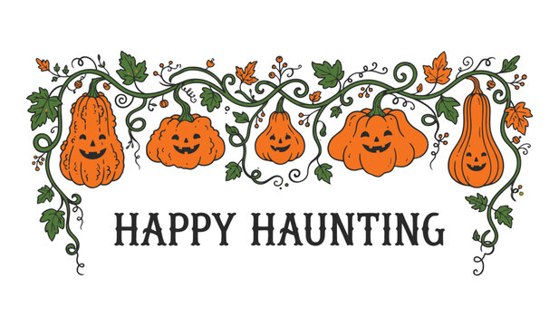 Happy Haunting Jack-o'-Lanterns and Vines Illustration