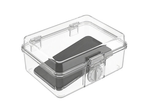 Phone locked inside transparent security box with rotary dial