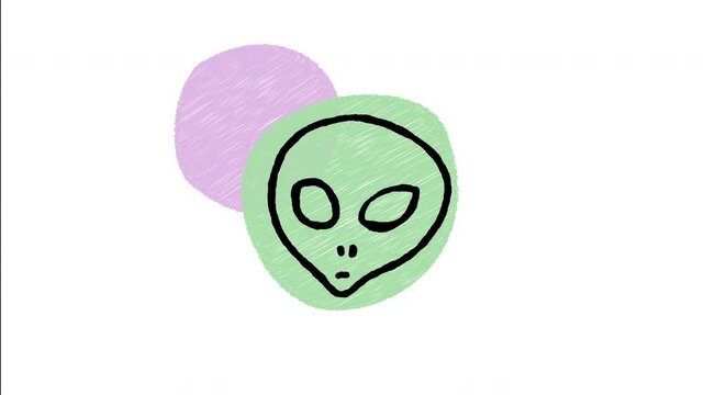 An animated hand-drawn classic green alien head with big black eyes. Perfect for outer space science fiction, extraterrestrial themes, UFO lore, and sci-fi gaming. 