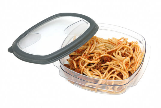 Spaghetti Bolognese in a Clear Plastic Food Storage Container