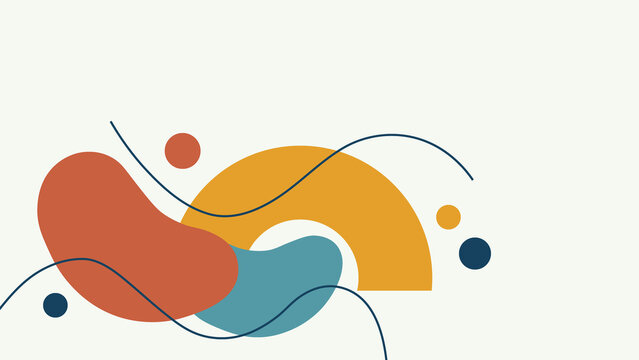 Modern abstract graphic featuring fluid organic shapes, a semi-circle, and thin curved lines in warm orange, blue, and yellow tones on a clean light background surface.