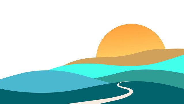 Minimalist landscape illustration featuring rolling hills and a sun setting over a winding path in a flat graphic design style with a clean and modern aesthetic composition